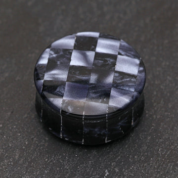 Detail View 1 of A Pair of Marble Checker Double Flared Ear Gauge Plug-Gray